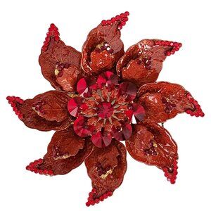 Red Rhinestone Enamel Poinsettia Christmas Flower Statement Brooch K391